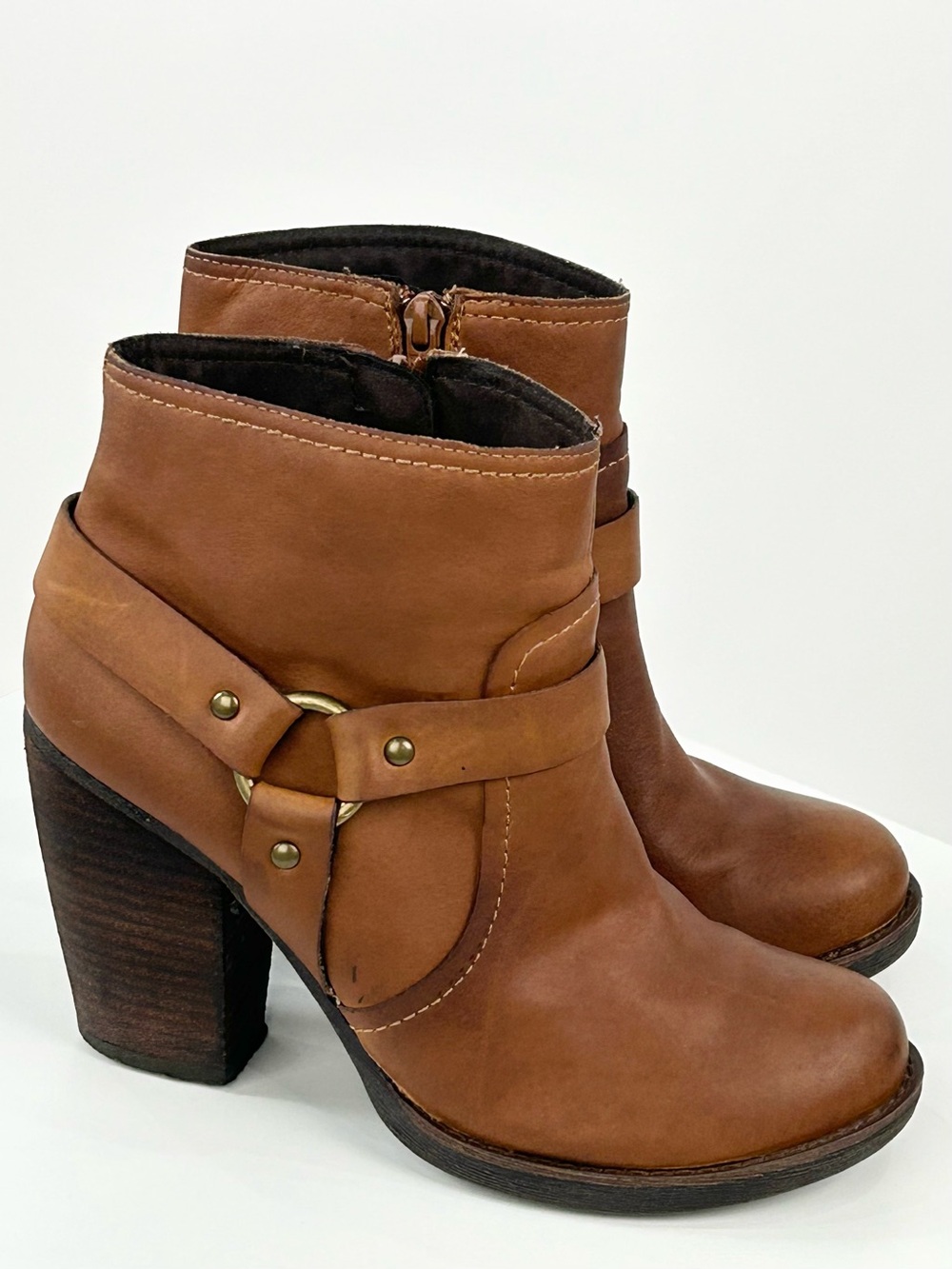 Korks Kork-Ease Leather Harness Ankle Boots 8 Brown Western Block Heel